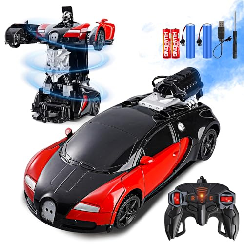 Daioller Voiture Télécommandée pour Enfants,Véhicule Robot Transformable,Jouet Véhicule Rechargeable avec Rotation à 360 Degrés,Robot Enfant avec Brume de Pulvérisation,Garçons de 5,6,7,8 Ans (Rouge)