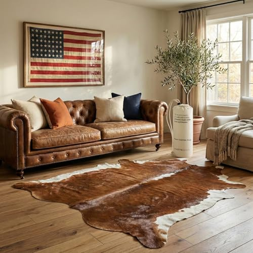 NativeSkins Tappeto in finta pelle bovina – biancospino marrone (grande) | 4'7 x 6'7 | stampa mucca | decorazione occidentale per camera da letto | taglio a mano, fondo antiscivolo in finta pelle