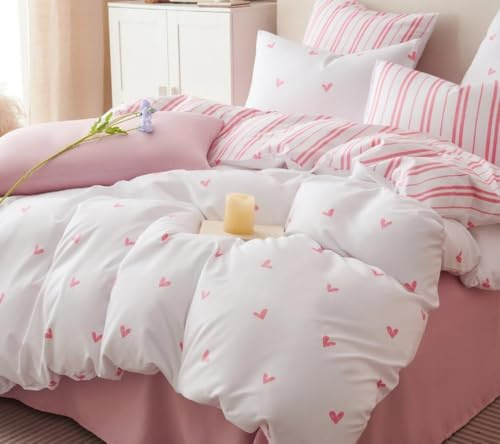 Freyamy Copripiumino 220x240cm Amour Rose Parure da letto 2 persone in microfibra con cerniera reversibile set copripiumino cuore con 2 federe 65 x 65cm per bambine bambini
