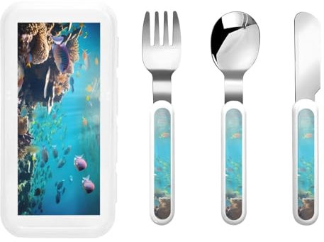 Sea Fishes print Utensils,Fork Knife and Spoon Set,Ideal for School Lunch, Travel and Outdoors Activities