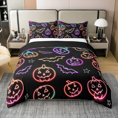 Homemissing Halloween Theme Pumpkin Lantern Ghost Duvet Cover 100% Cotton Set Neno Pumpkin Bats Bedding Set Super King Size Boys Bedroom Decor Happy Halloween Comforter Cover Soft Quilt Cover