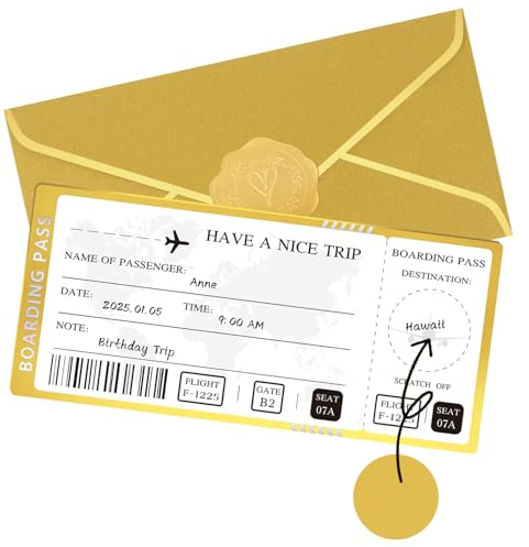 Golden Ticket Scratch Off with Envelopes and Seal, Golden Scratch Off Cards for Air Ticket Gift, Gold Surprise Gifts Tickets for Valentine's Day Birthday Girlfriends Vacation Couple Dating etc