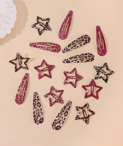 Metal Snap Hair Clips,8 Pairs Hair Barrettes for Women - Star & Water Drop Hair Barrettes, Non-Slip Y2K Accessories for Thin Thick Hair,Pink and Brown Leopard Print