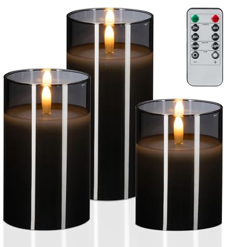 Relaxdays LED Kerzen im Glas, 3er Set, Fernbedienung, Timer & flackernde Flamme, Echtwachs, Windlichter flammenlos, grau
