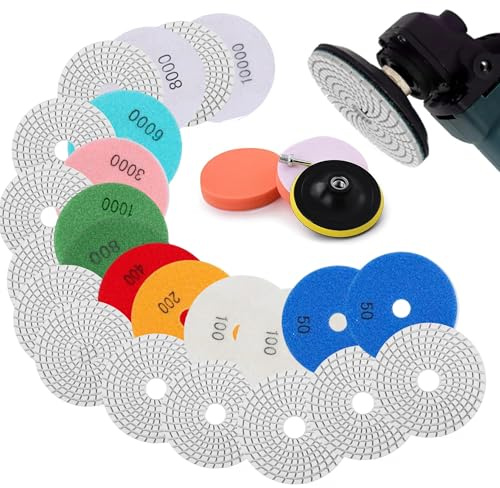 16 Pcs Tampons de Polissage Diamant: Disque a Poncer Pierre 125mm 50-10000# Polissage avec Pads pour Marbre Pierre Béton Granite Avec Disque en Caoutchouc M14