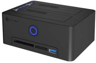 ICY BOX klonstation för 2,5 tum/3,5 tum SATA HDD/SSD, USB 3.0 (5 Gbit/s), offline-kloner, kortläsare (CF/SD), USB-hub, verktygsfri, extern, plug and play, dockningsstation, klonfunktion, svart, IB