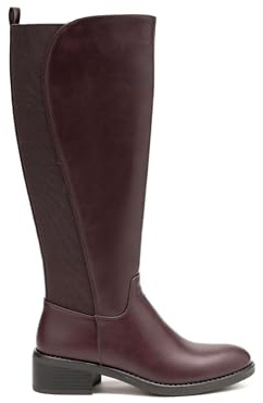 Bottes Femme Mollet Large en Similicuir | Botte Haute Extensible avec Zip | Style Cavalier Petit Talon Bas Confort Hiver (68319 Bordeaux, Système Taille Chaussures EU, Adulte, Numérique, Moyen, 36)