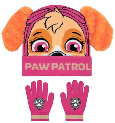 Paw Patrol Set de Gorro y Guantes de La Patrulla Canina para Niñas, Skye con Orejas 3D, Rosado, Talla Única