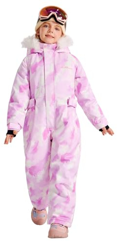 LaBeca Girls Snowsuit Waterproof Snowboarding Coveralls One Piece Ski Suit for Kids Winter Outdoor Windproof Jumpsuits Tie Dye Pink Purple 110Y