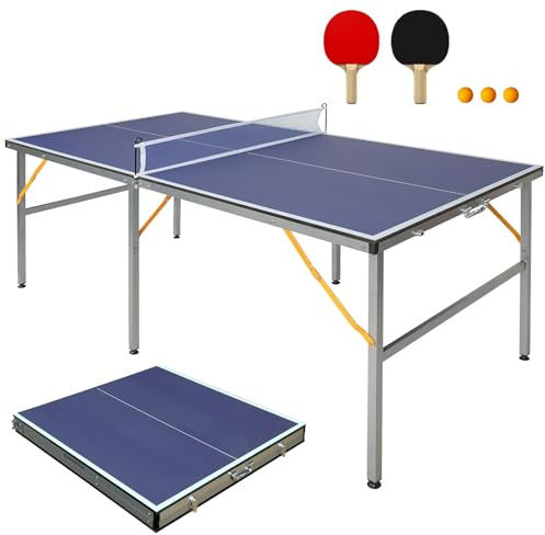 GYMFLEX Foldable Table Tennis Table, Indoor & Outdoor Ping Pong Table, Compact Fold Away Design with Net, Posts & 2 Bats for Family Leisure & Training