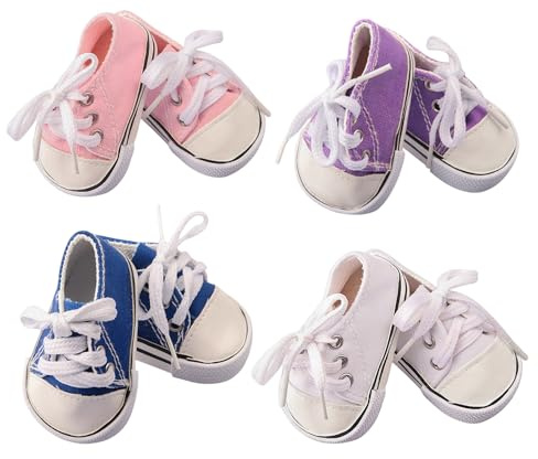 4-Paar BabyPuppen Schuhe Accessoires für 14-18 Zoll Puppens, Inklusive Leinenschuhe in 4 Farben: Lila, Blau, Rosa, Weiß, Baby Puppen Outfit-Accessoires für 35-45 cm Puppen, als Geschenk für Kinder