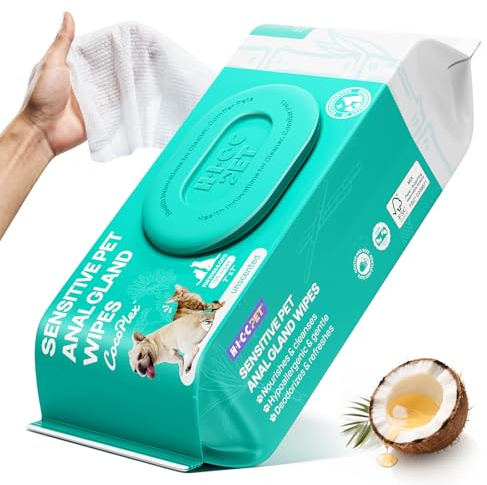 HICC PET Wipes for Dogs and Cats, Cleansing Deodorizing & Soothing Allergy Infections Rear-End Dog Wipes with Coconut Oil, Hypoallergenic for Grooming Paws, Body and Bums, Fragrance Free