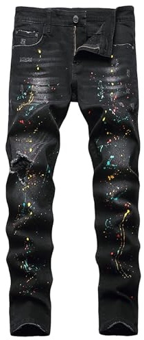 Jean Slim Stretch fuselé pour Homme, déchiré, Effet Peinture Noire, Style Streetwear, Taille 36