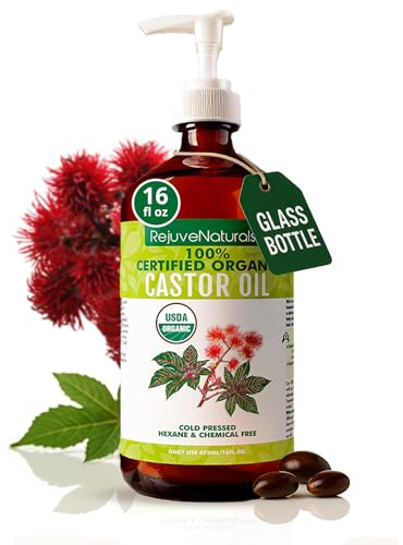 RejuveNaturals Olio di ricino (bottiglia di vetro da 16 once) certificato USDA biologico, 100% puro, pressato a freddo, senza esano. Aumenta la crescita dei capelli per capelli più spessi, pieni e