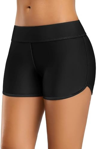 CharmLeaks Womens Swim Shorts High Waist Quick Dry Board Shorts Black-a XL