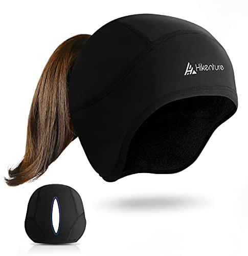 Hikenture Womens Skull Cap with Ponytail Hole, Winter Running Beanie Hat Cold Weather Thermal Cycling Cap Helmet Liner with Fleece for Skiing,Motorcycle,Hiking,Camping(Black)