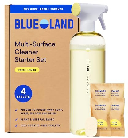 BLUELAND Multi-surface Cleaner, Starter Set, Fresh Lemon Scent, Spray Bottle with 4 Refill Tablets, All-Purpose, Eco-Friendly Cleaning Supplies, 4 x 24 Fl oz