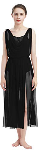 OBEEII Femme Adulte Robe De Danse Lyrique Élégante sans Manches Écharpe sans Dos Col Drapé Justaucorps Jupe en Tulle Costume De Performance Ballet Tulle Ourlet Fendu Robe De Danse Fluide Noir B XL
