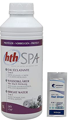 HTH Spa Eau ECLATANTE 3 en 1 Liquide - 1L | Clarifiant - Non moussant + 10 Tests HPS OFFERTS 6 en 1