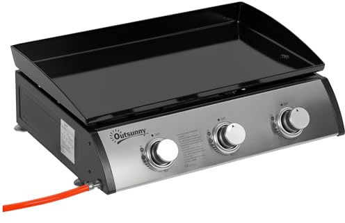 Outsunny Gas Plancha Barbecue Grill with 3 Stainless Steel Burner, 9kW, Portable Tabletop Gas BBQ with Non-Stick Griddle for Camping Picnic Garden Party Festival