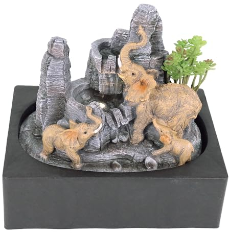 NATIV Fontaine d'intérieur avec éclairage LED | Fontaine de table avec cascade et motif éléphant | Fontaine décorative aspect rocher | Fontaine d'eau pour la maison et le bureau