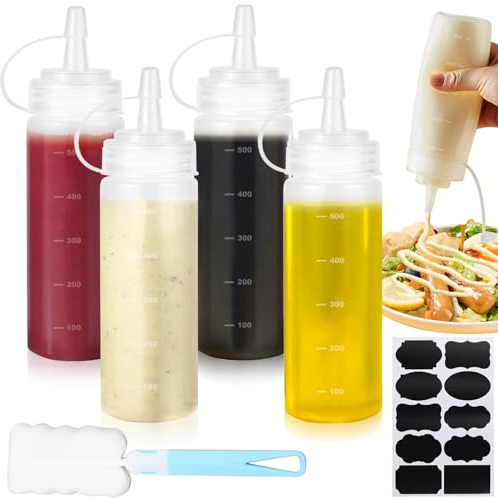 CoKeeSun 4 Pcs Bouteille Sauce 500ml, Bouteille à Condiments, Recipient Sauce, Presser Les Bouteilles, Transparent Flacon Souple en Plastique avec Brosse de Nettoyage pour Ketchup Huile Vinaigrette