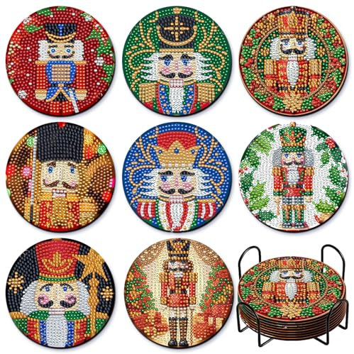 8 Pcs Nutcrackers Diamond Art Coasters Kit with Holder for Adults Beginners