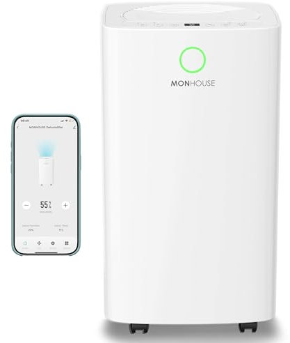 MONHOUSE 12L/Day Digital Dehumidifier - Wifi Controlled App, Sleep Mode, 24 HR Timer For Office, Home, Bedroom, Basement, Garage & Kitchen - Portable Electric Mould, Damp, Condensation Remover