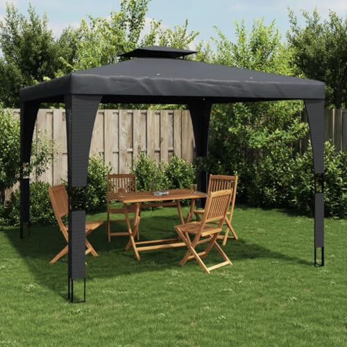 Gecheer Antracit dubbelt taklusthus 3,98 x 2,98 m i stål, lusthus, trädgårdspergola, grillpaviljong, valv, pergola, takpergola, festtält, P368443