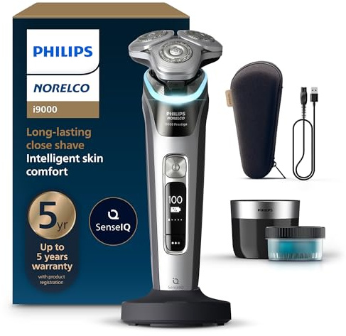 Philips Norelco Shaver i9000 Prestige, Wet & Dry Electric Shaver, Dark Slate Nova, SenseIQ Technology, Triple Lift & Cut System, 360 Rotating Dual SteelPrecision Blades, Charging Stand, XP9204/85
