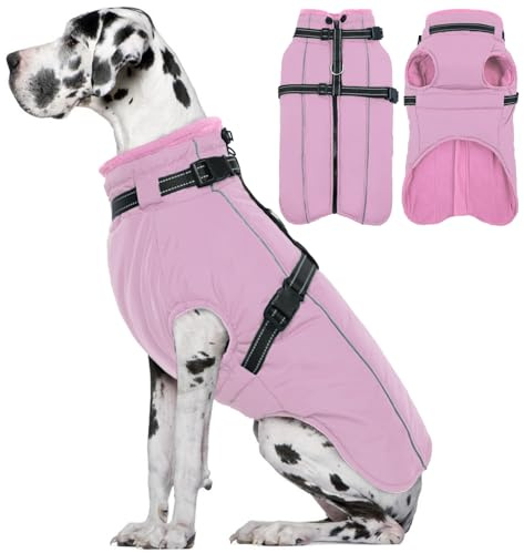 Lelepet Cappotto per Cani di Taglia Grande con Imbracatura - Giacca in Pile Calda e Impermeabile, Gilet Riflettente Invernale Tuta da Neve per Labrador, Rosa 2XL