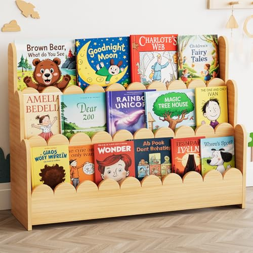 SpaceAid 3-Tier Scalloped Bookshelf, Montessori Bookcase for Toddlers, Wooden Book Shelf Organiser Display Furniture for Kids Rooms, Playroom, Nursery and Classroom, 36.7“ Wide, Natural