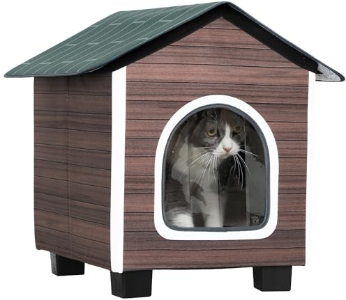 PawHut Insulated Outdoor Cat House, Water-Resistant Feral Cat Shelter with Elevated Base, Cushion, Pet House Indoor Outdoor for Stray Animals, Red-brown
