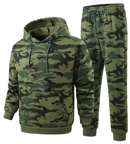 Generisch Chándal para hombre, cálido, con capucha, traje deportivo de invierno, manga larga, traje, ropa deportiva, camuflaje, juego de 2 piezas, pantalones de chándal Y2K Hip Hop
