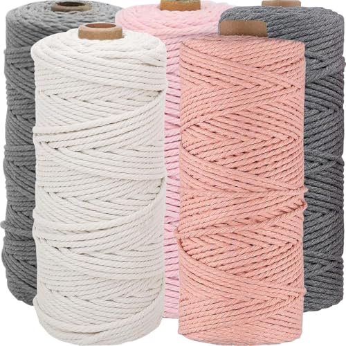 5 Stück Makramee Garn, 5 Farben (Hellgrau, Hellrosa, Dunkelgrau, Weiß, Lederrosa) 3mm x 50m Natürliche Baumwollseil Macrame Cord, Weich & Stabil, Perfekt für Wandbehang, Pflanzenhalter, DIY Handwerk