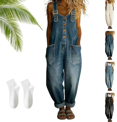 UZIPZ Denim Dungarees for Women, Womens Jumpsuits Summer Baggy Straight Leg Stretch Bib Overalls, Vintage Adjustable Straps Plus Size Work Jeans Pants (UK, Alpha, M, Regular, Regular, Dark Blue)