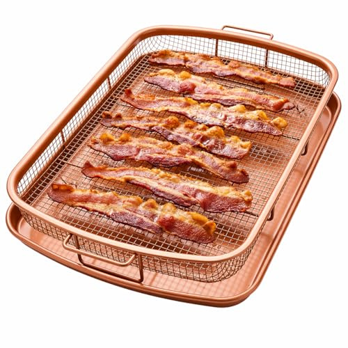 GOTHAM STEEL - Bandeja para verduras Gotham Steel para horno, bandeja y cesta de cobre antiadherente de 2 piezas, para freír al aire en el horno, apta para lavavajillas, tamaño familiar 16.5 x 12.5