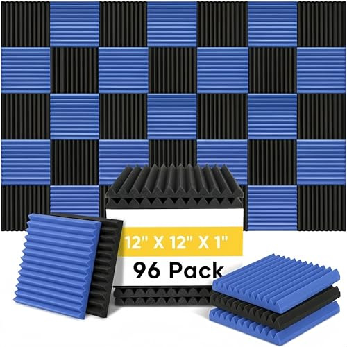 96 Pack Black/BLUE 12 X 12 X1 Acoustic Panels Studio Soundproofing Foam Wedge Tiles(Accompanied By Double-Sided Adhesive Tape)