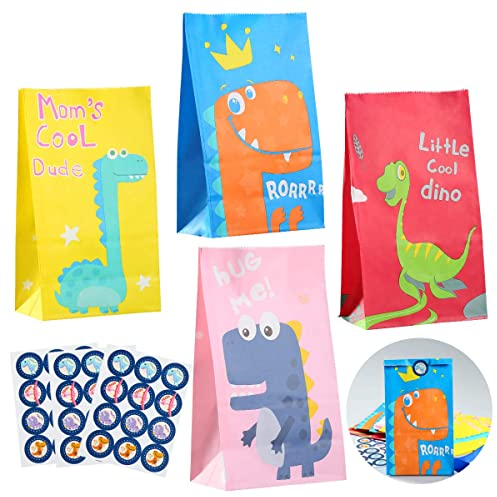 ZITFRI 28 Stück Papiertüte Geschenktüten Partytüte Bunte Papier Tüten 28 Mitgebsel Tüten mit 48 Dino Aufkleber Papier Geschenktüte Candy Tüte für Kindergeburtstage Jungen Mädchen, Giveaways, Party