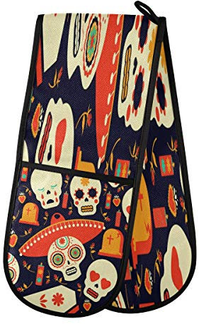AUUXVA BIGJOKE Gant de four double matelassé en coton avec tête de mort en sucre mexicain imprimé chatons de four résistants à la chaleur pour barbecue, barbecue et poêles