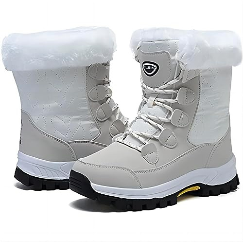 Maxome Snow Boots Womens Winter Boots Walking Ladies Waterproof Fur Lined Ankle Mid Calf Outdoor Women Walking Shoes Non-Slip Lightweight for Girls Booties Beige