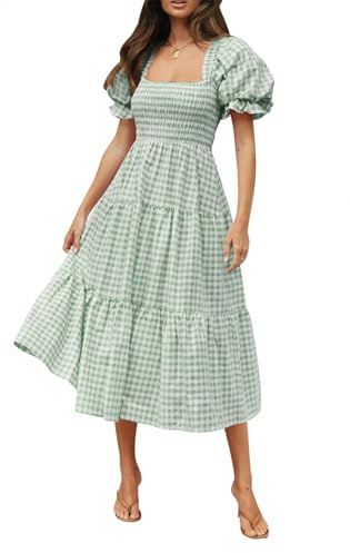 ZESICA Women's 2025 Bohemian Summer Plaid Square Neck Puff Sleeve Ruffle Flowy Beach Midi Dress,Green,Medium