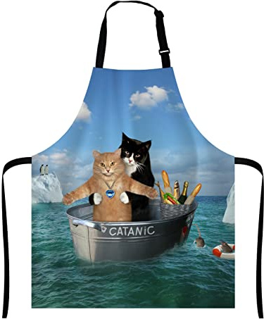 Wasach Funny Cats Apron, The two brave cats are drifting in the steel Unisex Kitchen Bib with Adjustable Neck for Cooking Gardening,Adult Size