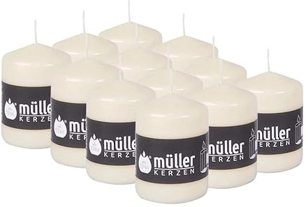 Müller Candele a Colonna Cilindriche, Colore Avorio, Set di 12 Candele, dim. 57 x 81 mm, Lunga Durata di 15 Ore, Cera Antigoccia, Inodore, Qualità RAL