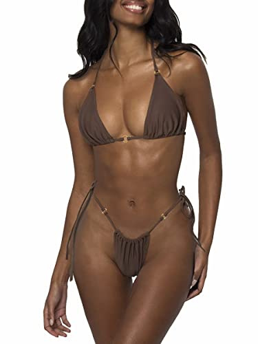 LUNNTE Damen Bikini Set Sexy Tanga String Bikini Badeanzüg Zweiteiliger Triangel mit Ring Badebekleidun Verstellbare Bademode Unterteil Seitlicher Schnürung (Braun, S)