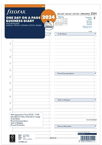 Filofax A4 Tag pro Seite 5 Sprachen Terminplaner – 2024
