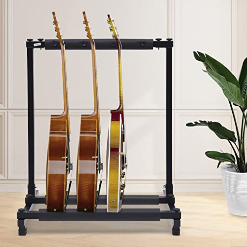 Hanmorfarbi gitarrställ golv metall gitarrstativ justerbar flera gitarrhållare gitarr display hylla med halkskydd gummifot skydd för gitarr bas violin ukulele (3 gitarrer)