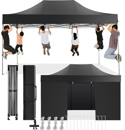 COBIZI Gazebo 3x4,5 Pieghevole Impermeabile Con Parete Laterale, Resistente, Tende, Tendone Padiglione Pop Up per Feste Campeggio (3 per 4,5m Nero)