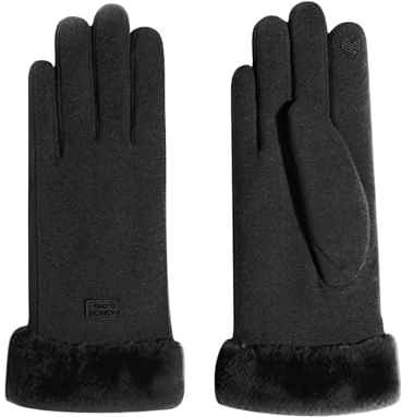 Feelorna Frauen Winterhandschuhe, 360° Winddichte Plüsch Manschette Thermische Touchscreen Handschuhe, Fleece gefütterte weiche Handschuhe für Outdoor Fahren Radfahren (Schwarz)