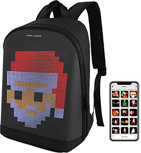 Pixel Art laptop ryggsäck dynamisk högskola dator axelväska Crelander personliga presenter för kvinnor och män, appstyrd 64 x 64 RGB LED-skärm (svart)